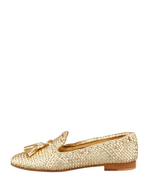 Prada Madras Metallic Woven Leather Tassel Loafer 